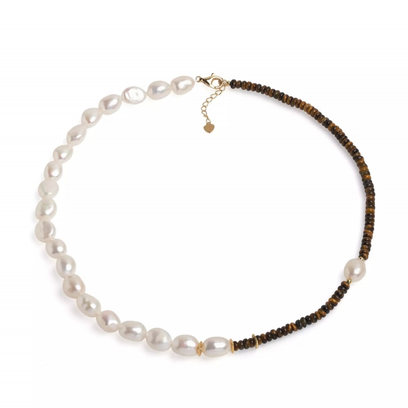 Colier cu perle de cultură albe 9,5-11mm și ochi de tigru, lungime 45cm+4cm