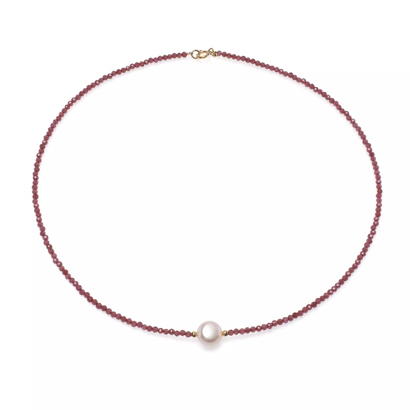 Colier, perle de cultură colorată 7-9 mm și granat, închizătoare argin rodiat, lungime 40 cm