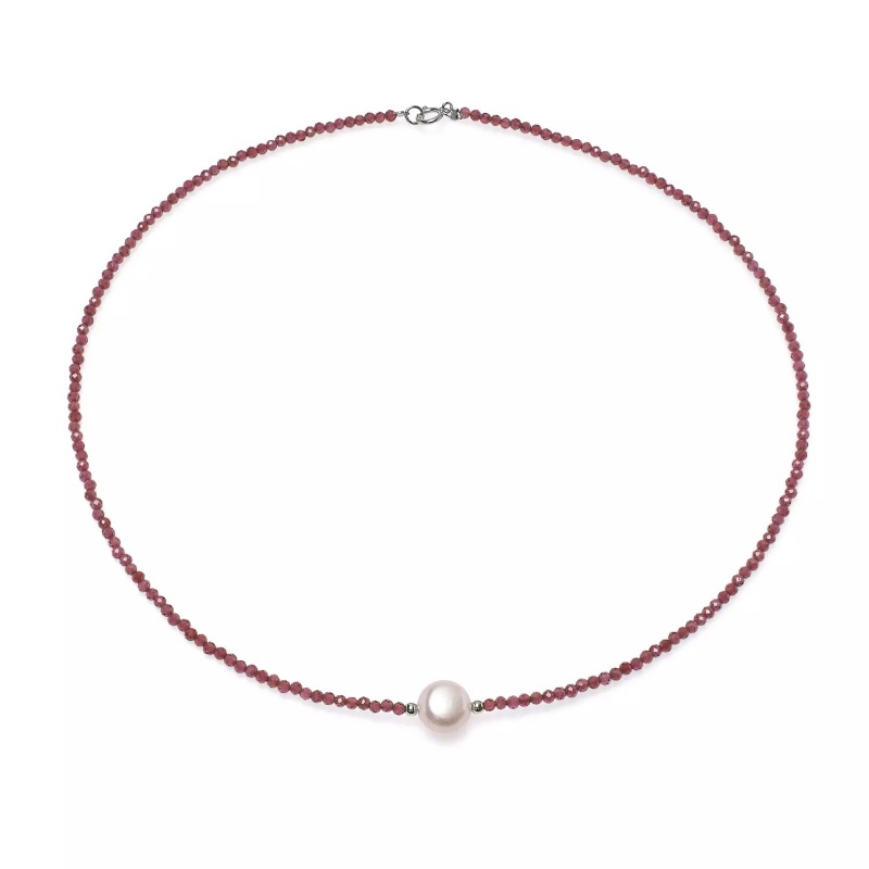 Colier, perle de cultură colorată 7-9 mm și granat, închizătoare argin rodiat, lungime 40 cm