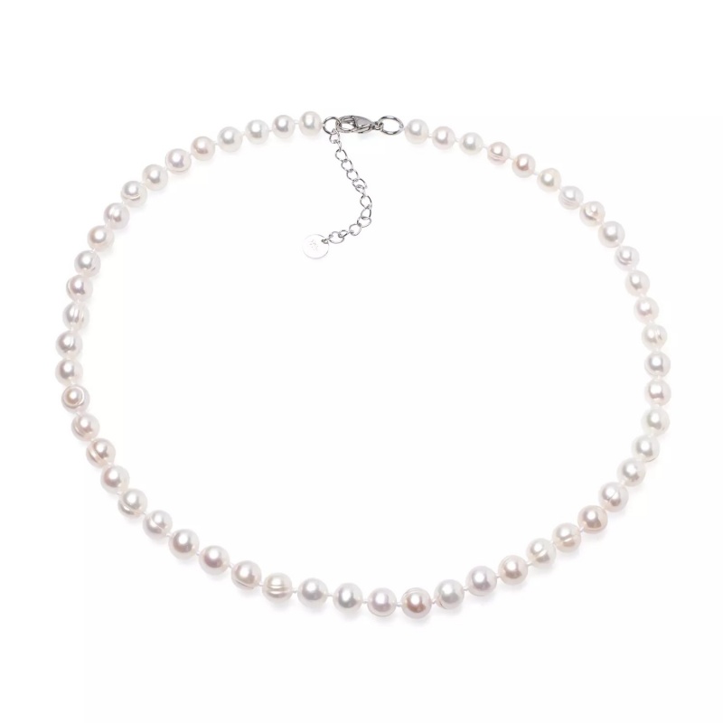 Colier unisex, perle de cultură albe 7-8 mm, închizătoare oțel, lungime 45+5 cm