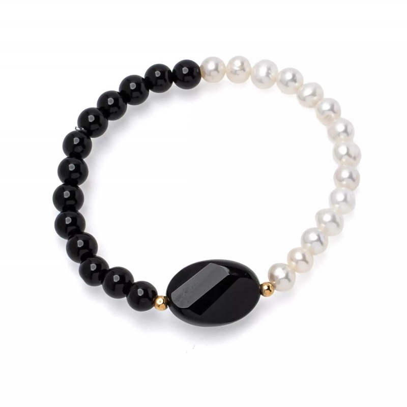 Brățară perlе de cultură, onix negru și elemente aurii, lungime 18 cm