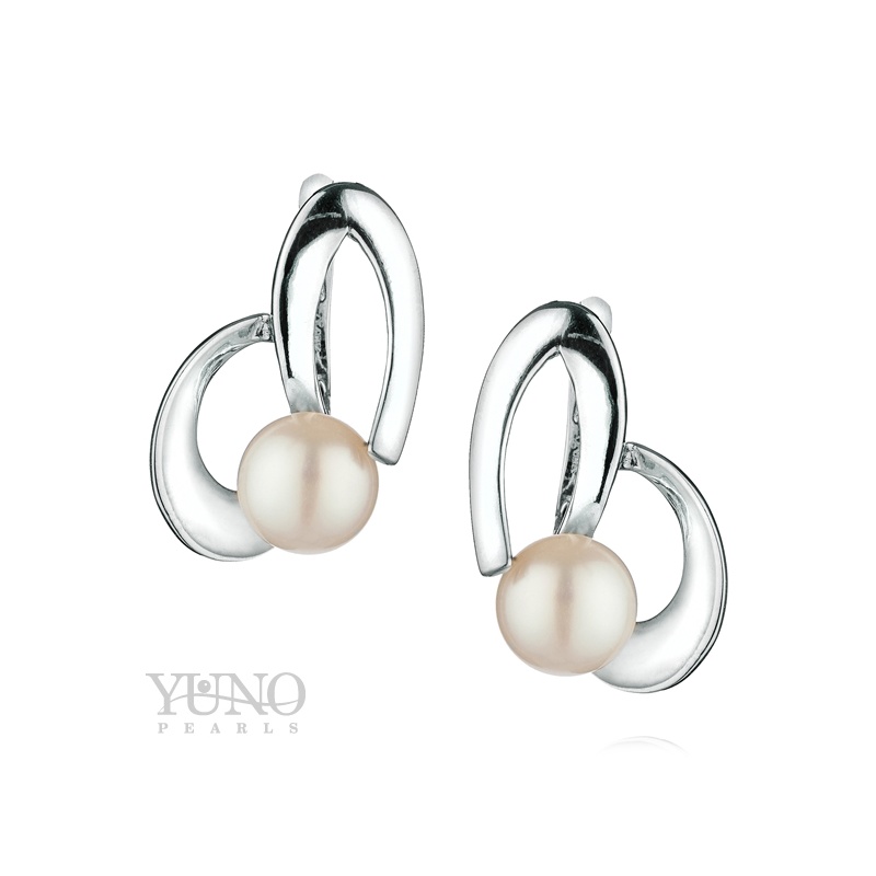 Cercei argint, perle albe, 9-10mm