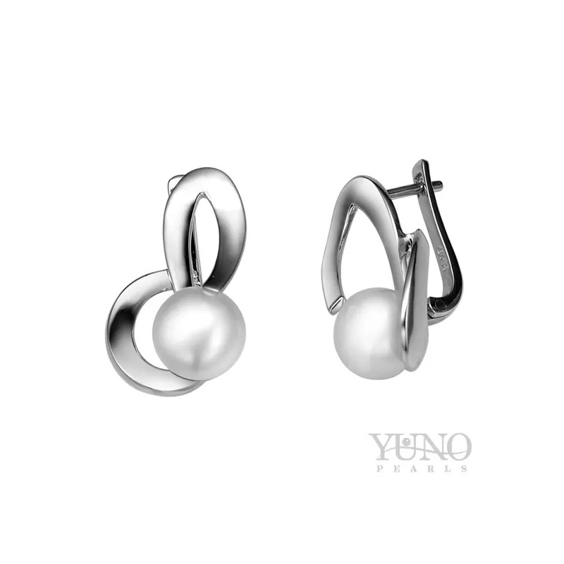 Cercei argint, perle albe, 9-10mm