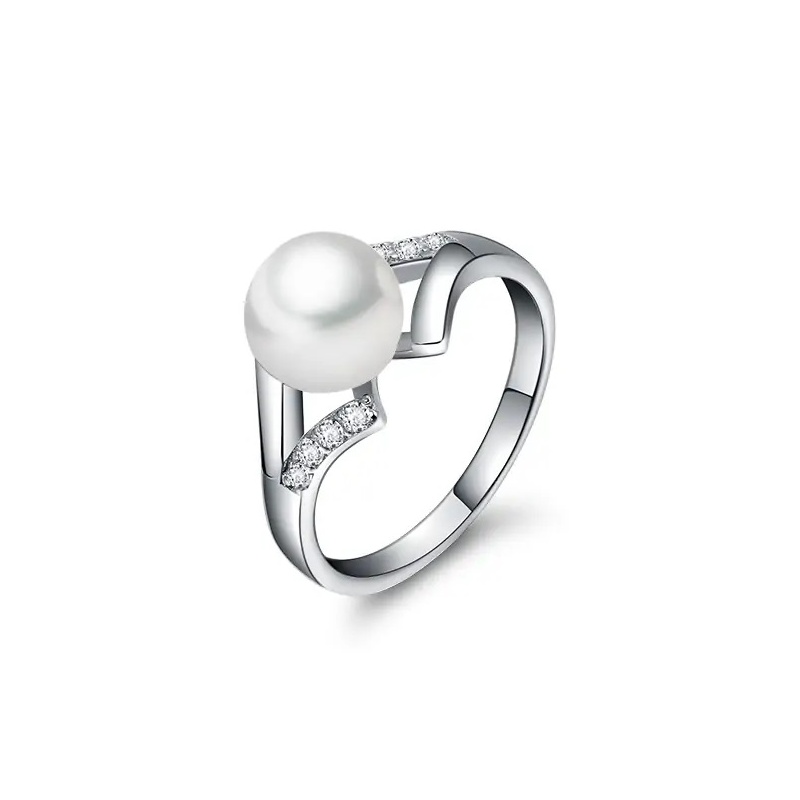 Inel din argint 925 cu perlă albă, 8-9mm, zirconiu