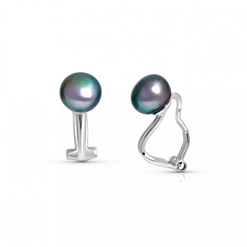 Cercei din argint, perle de cultură închise la culoare 9-9.5 mm, clip