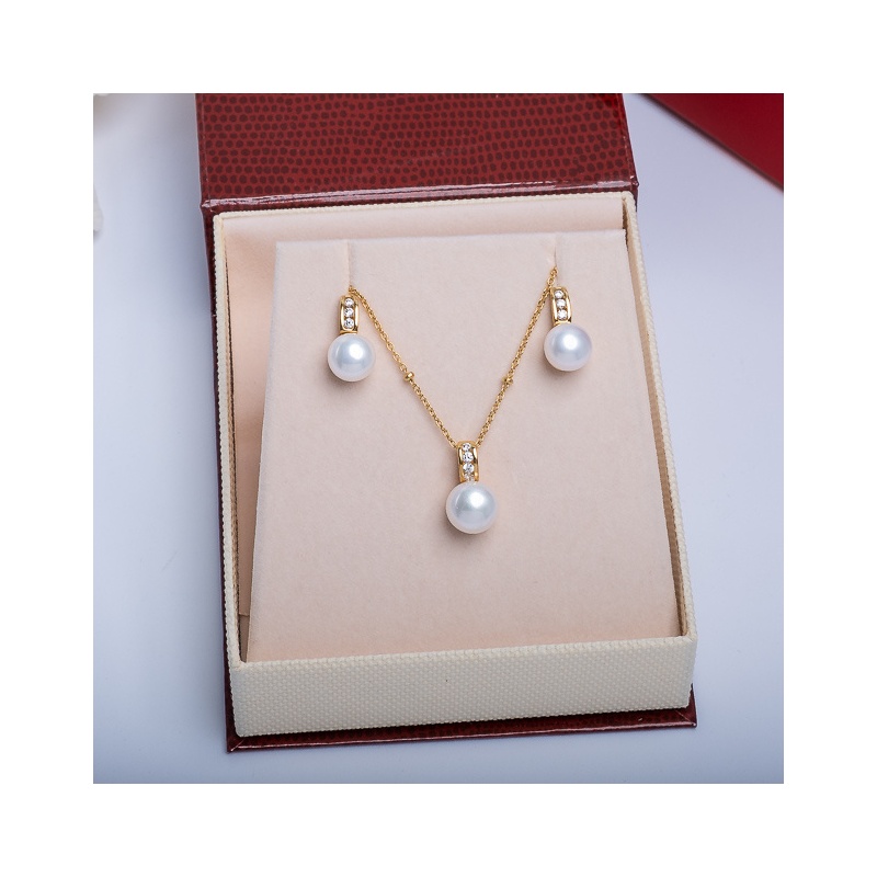 Set pandantiv și cercei din argint 925 placat cu aur cu perle albe 8-9mm
