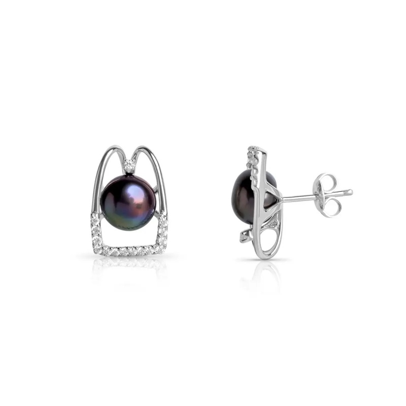 Cercei argint, perle de cultură negre sfere aprox 8.5-9mm, zirconiu