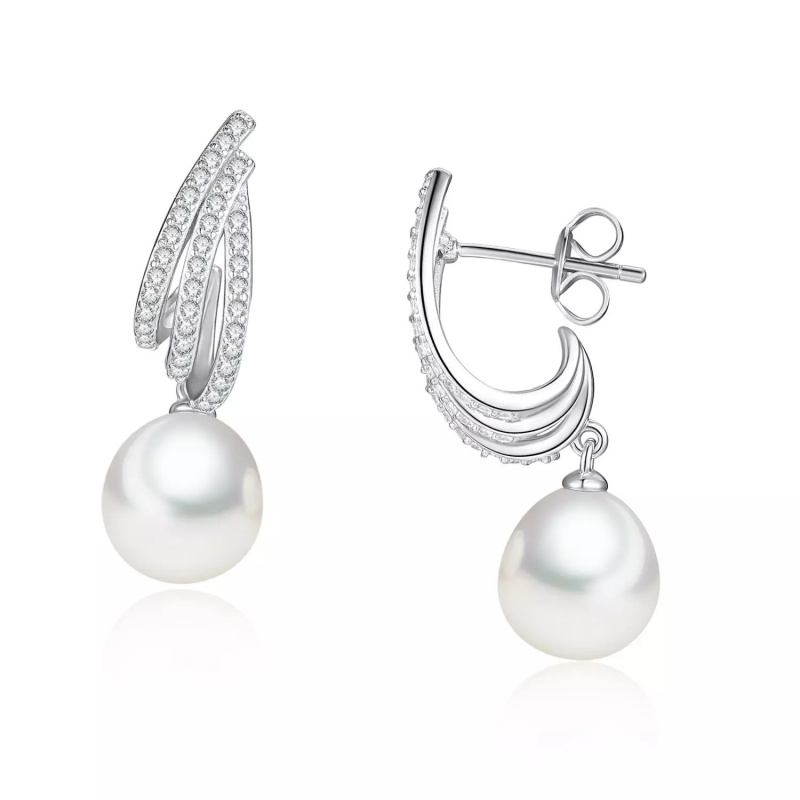 Cercei din argint 925 cu perle de cultură albe sferice 9mm cu șurub și zirconiu