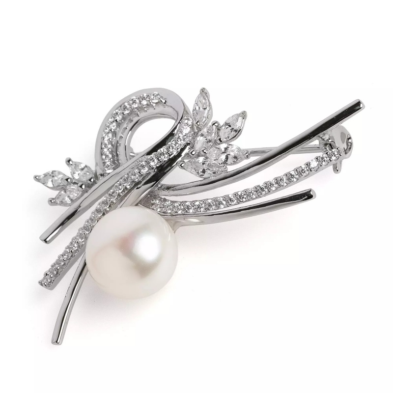 Broşă din argint 925, perle de cultură albă 11.5-12mm, zirconii