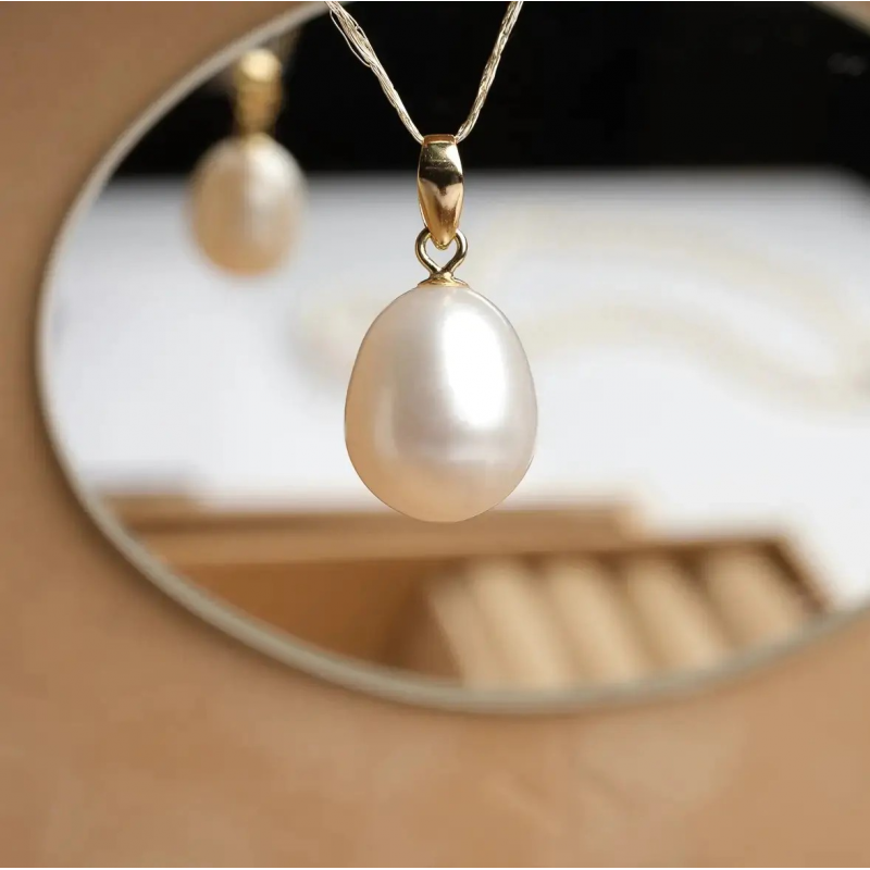 Padantiv din aur 14K, perle albe, 9-10mm