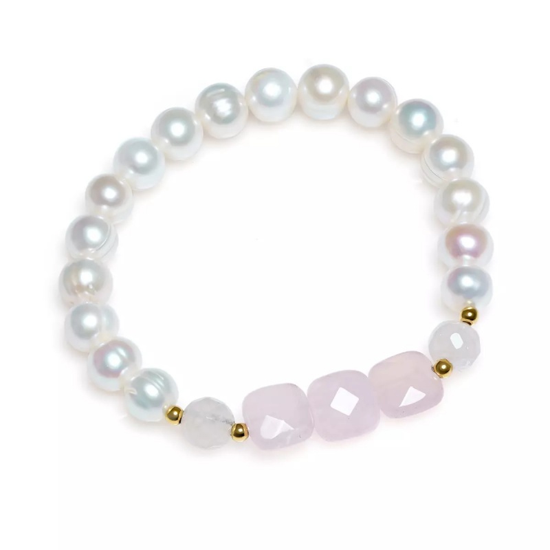 Brăţară perle de cultură albe 8 mm, cristale, detalii aurii, elastic