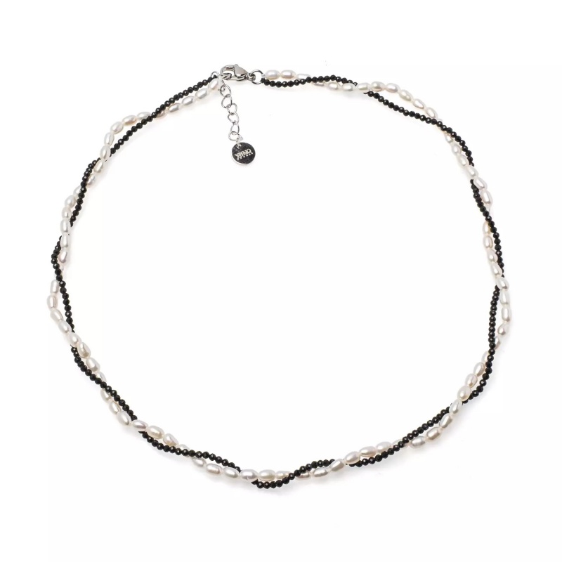 Colier perle de cultură albe 3-3.5 mm și hematit, lungime 45+3 cm