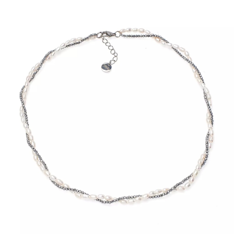 Colier perle de cultură albe 3-3.5 mm și hematit, lungime 45+3 cm