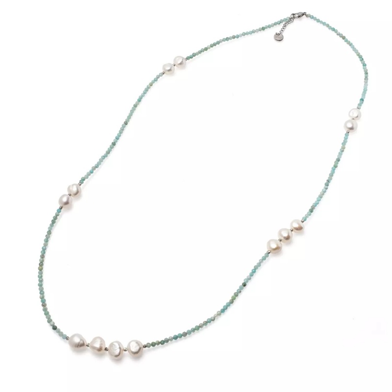 Colier perle de cultură 8-11mm și amazonit, lungime 83+4 cm