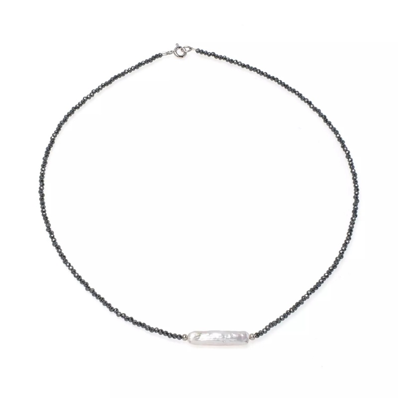 Colier cu perlă de cultură albă și hematit, lungime 41 cm