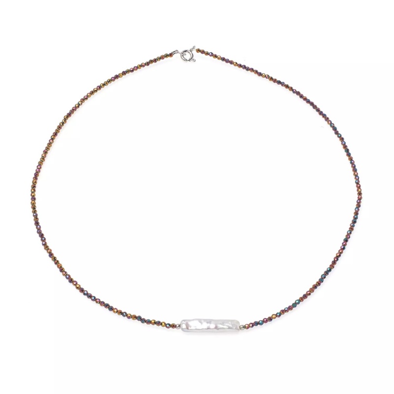 Colier cu perlă de cultură albă și hematit, lungime 41 cm