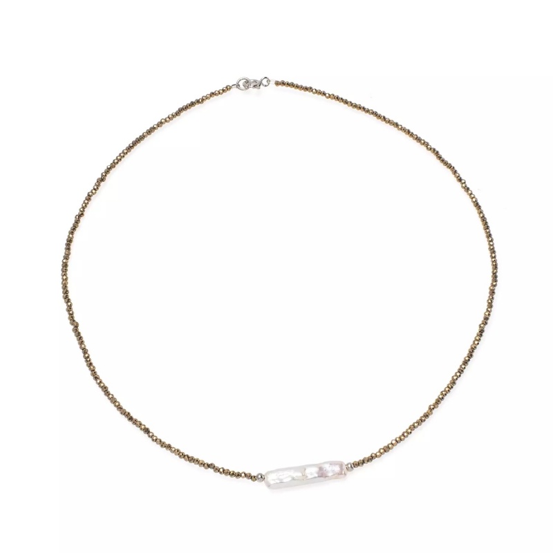 Colier cu perlă de cultură albă și hematit, lungime 41 cm