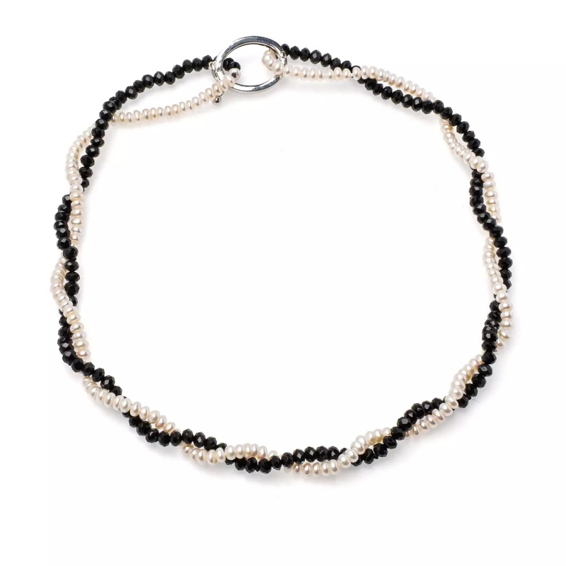 Colier perle de cultură albe 4-4,5 mm și onix, lungime 86 cm