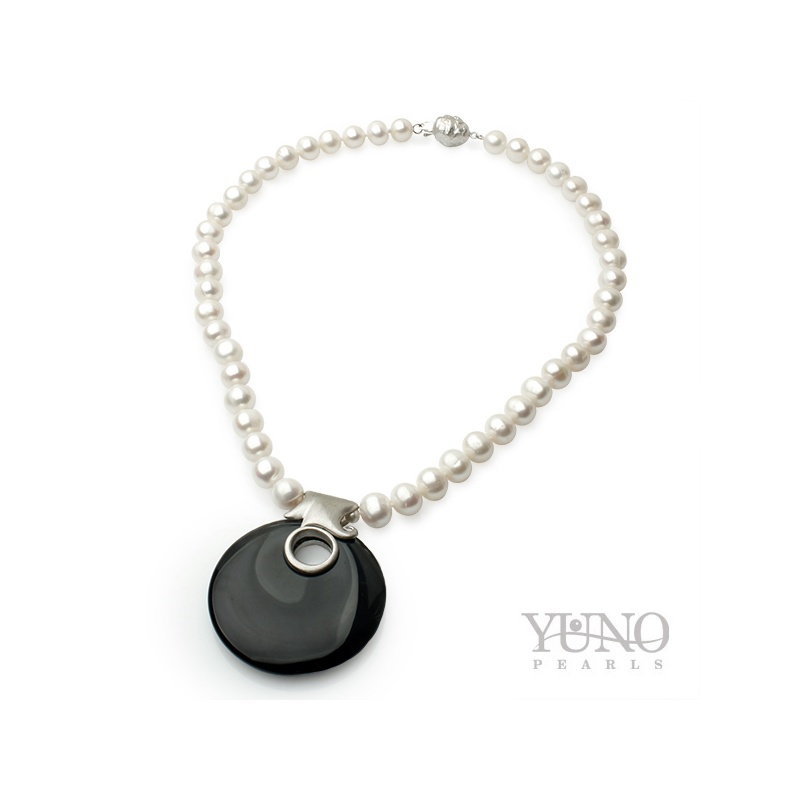 Colier cu perle albe, 9-10mm, Obsidian, Onix