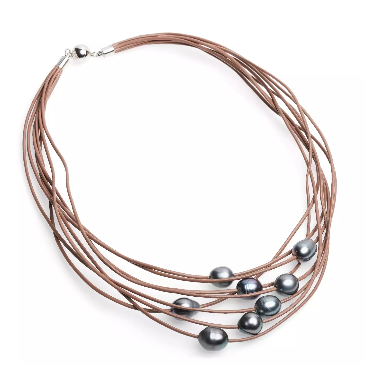 Colier din 8 rânduri de piele maro, 8 perle de cultură culoare închisă sfere 11-12mm, lungime 46cm