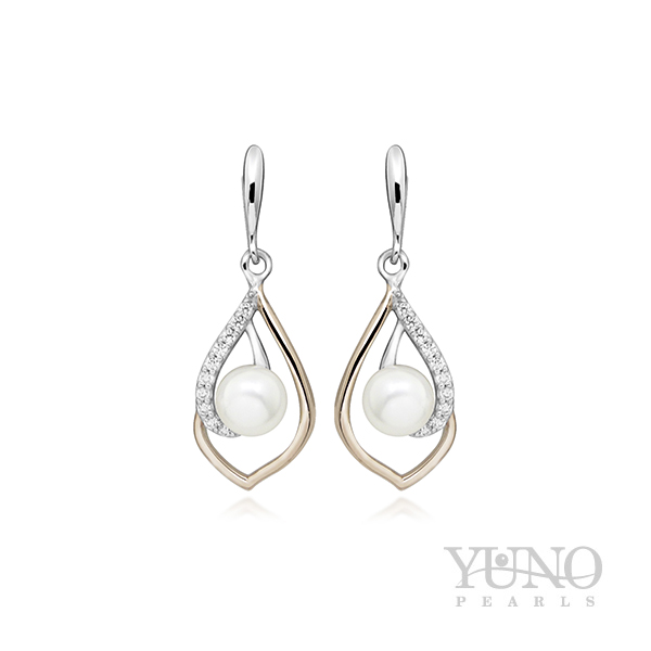 Cercei din argint 925, placate cu aur, perle albe, 5-6mm