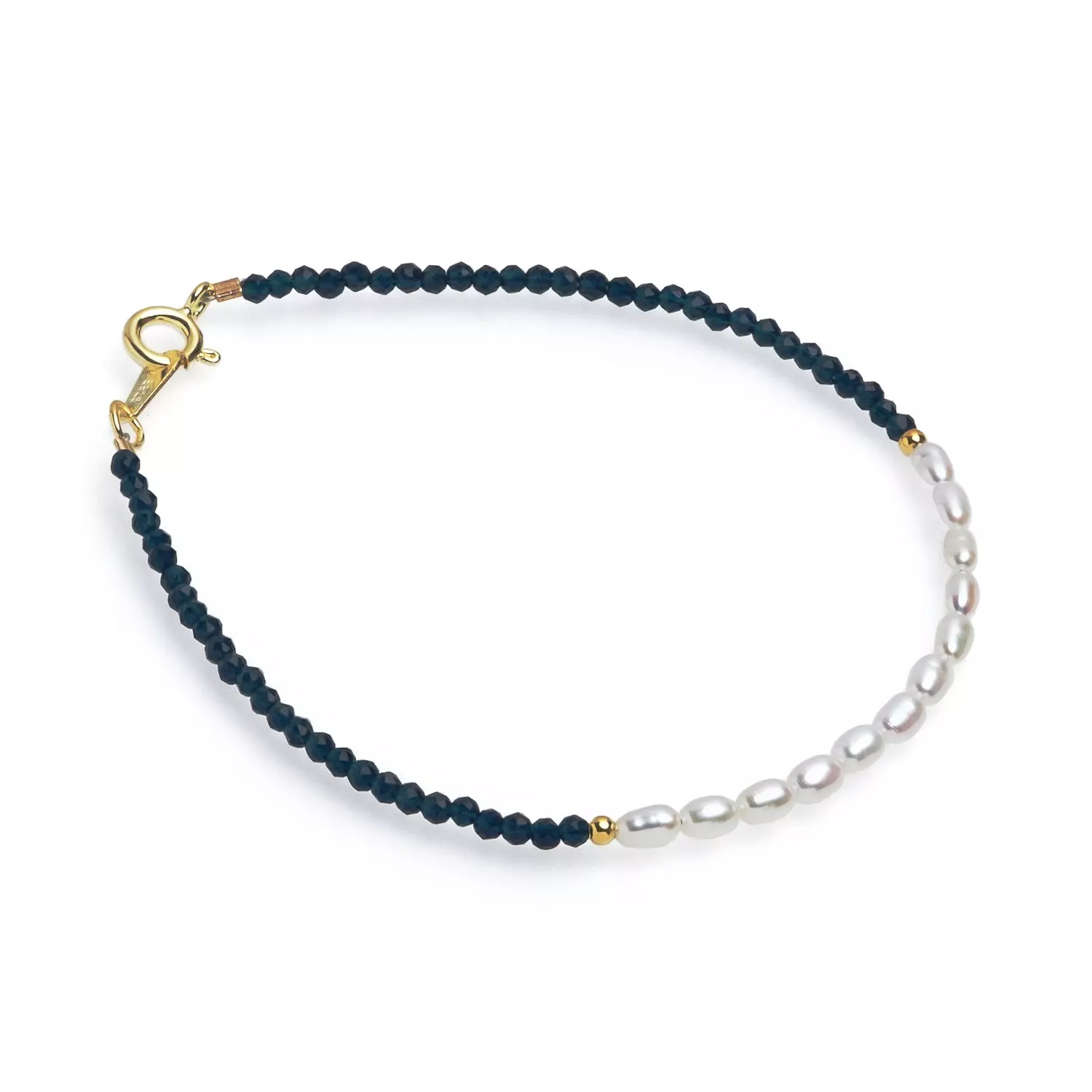 Brăţară perle de cultură albe și spinel albastru de 2 mm, lungime 18-18,5 cm