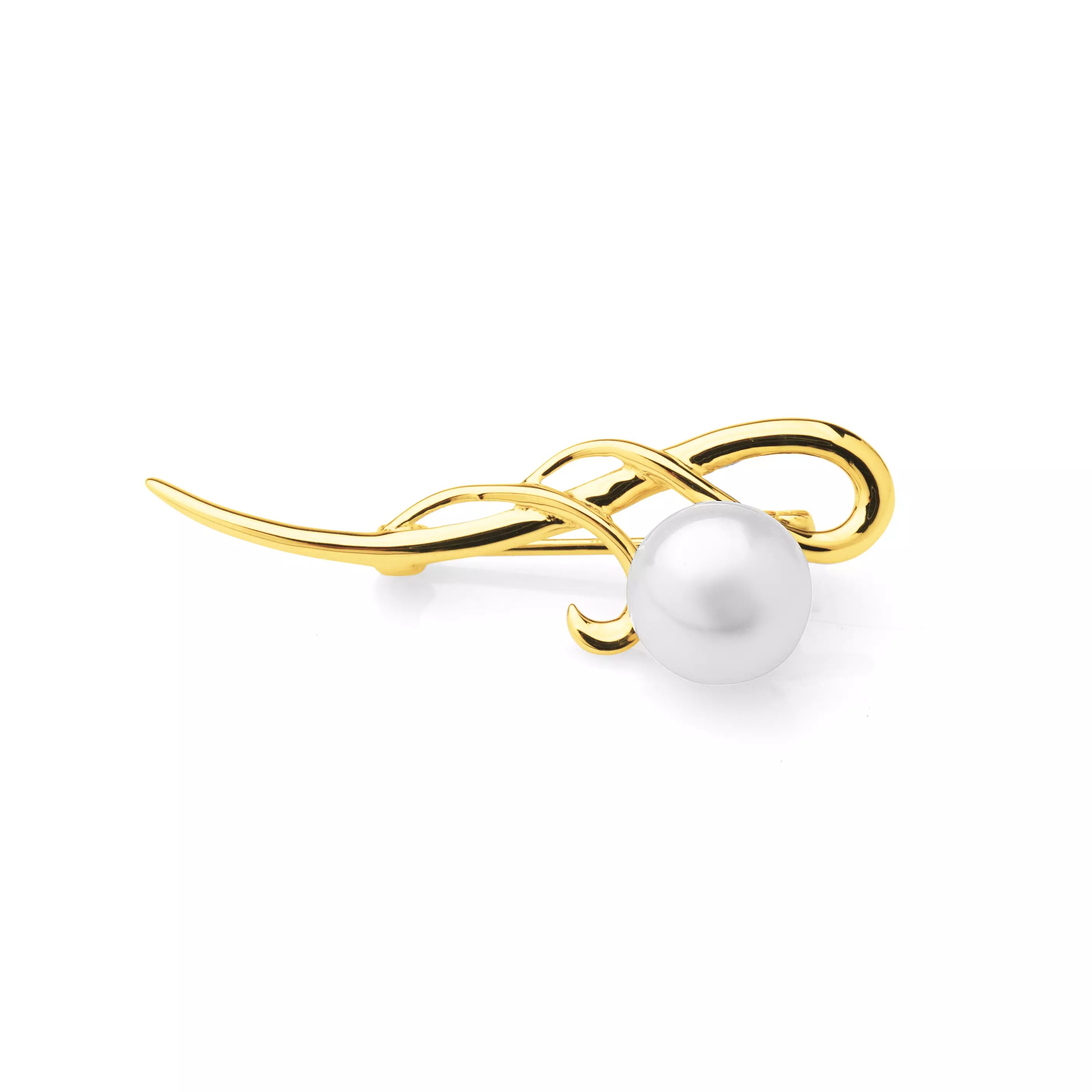Broşă din argint placat cu aur galben 18K, perlă albă, 9-10mm