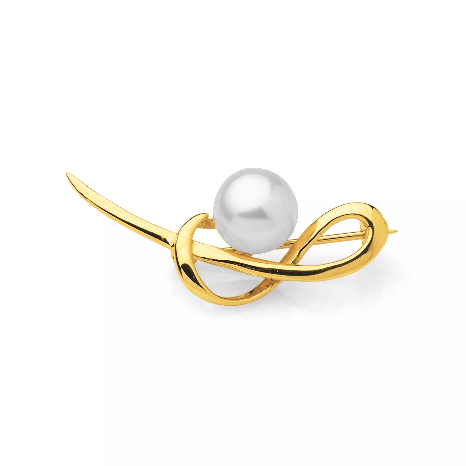 Broşă din argint placat cu aur galben 18K, perlă albă, 8-9mm