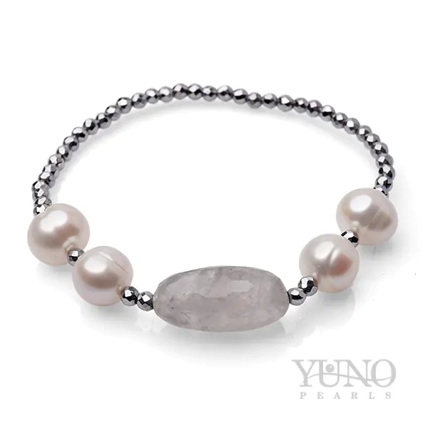 Brăţară perle de cultură albe 9-10mm, Agat și Hematit