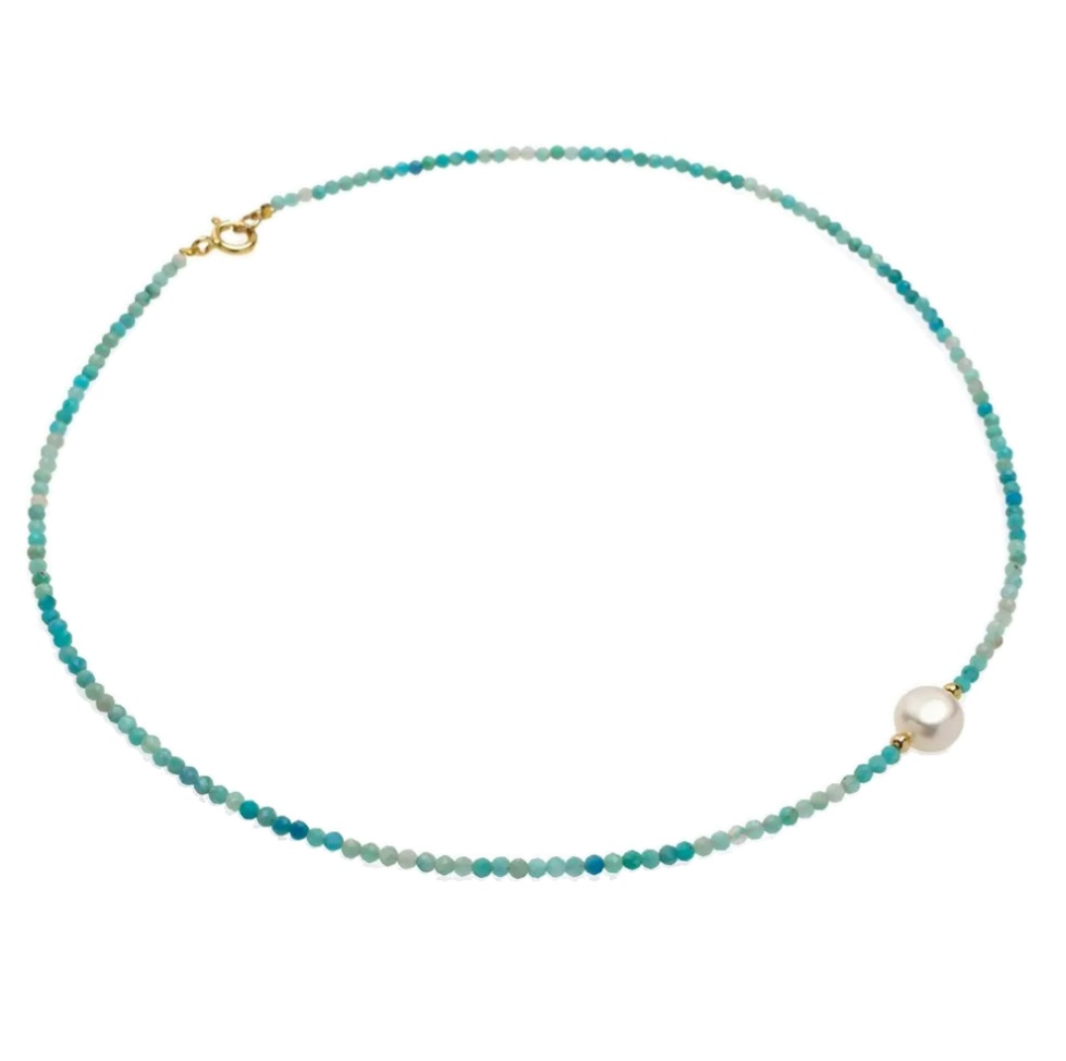 Colier perlă de cultură 7-8.5mm și amozanit 2,5-3 mm, lungime 41cm