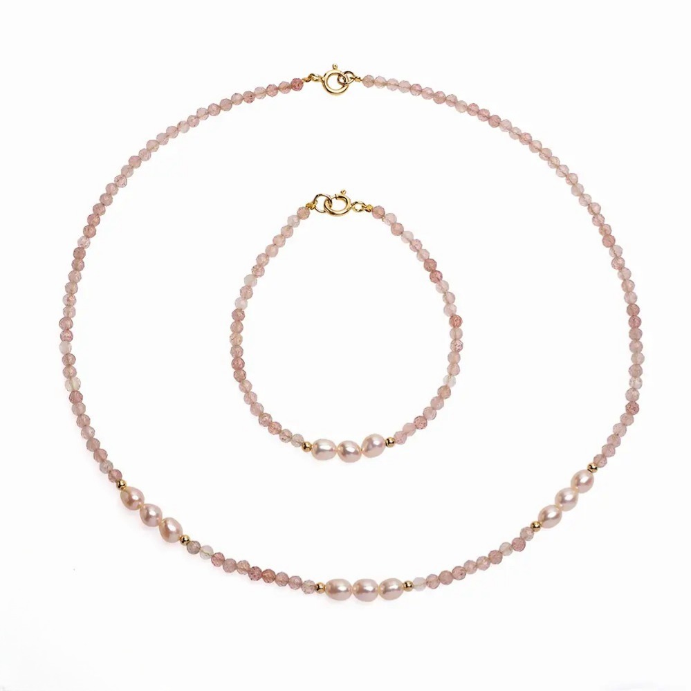 Colier cu perle roz 4.5-5mm și cuarț de căpșuni - YUNO Pearls