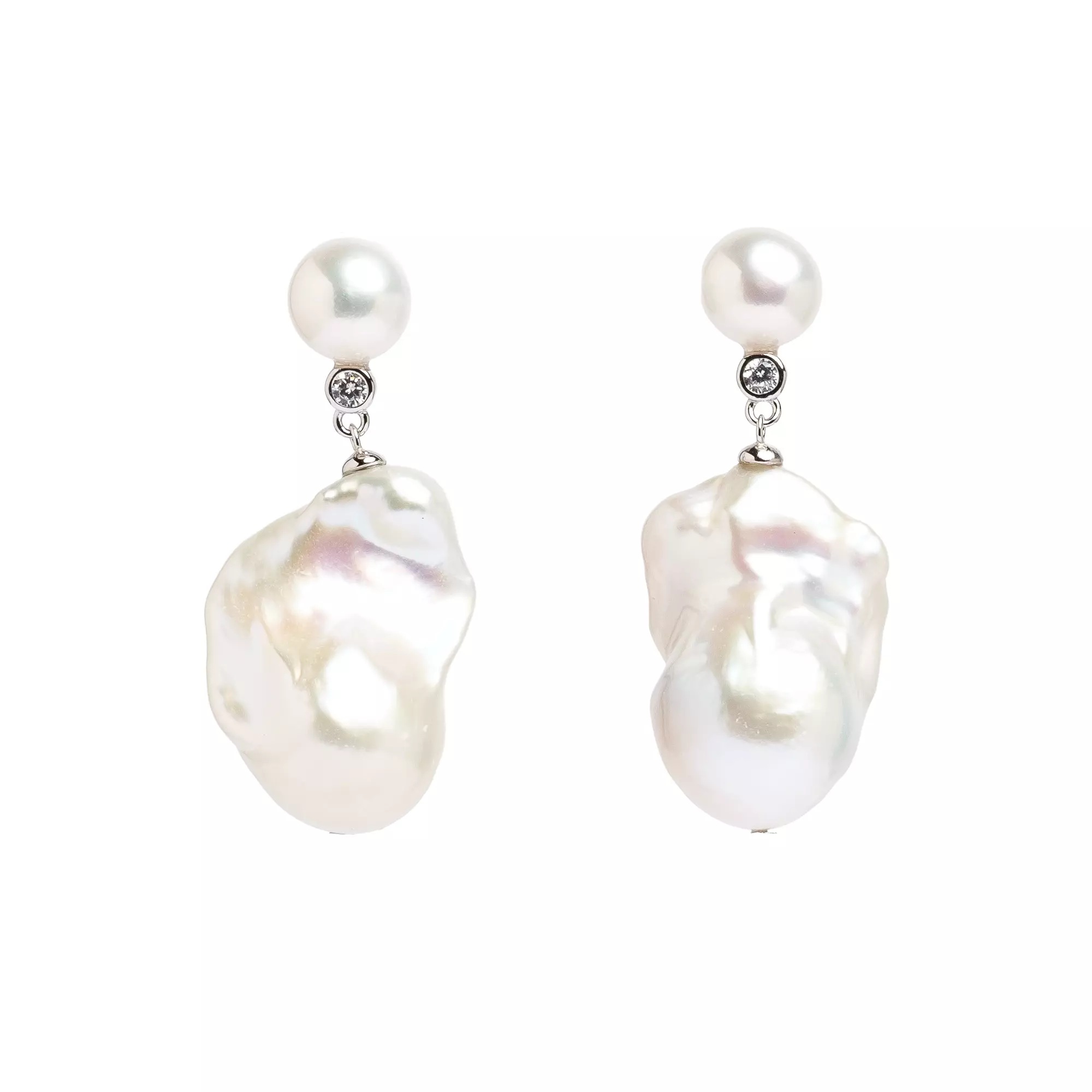 Cercei argint perle de cultură albе 7.5–8 mm și perle baroc 12-14 mm