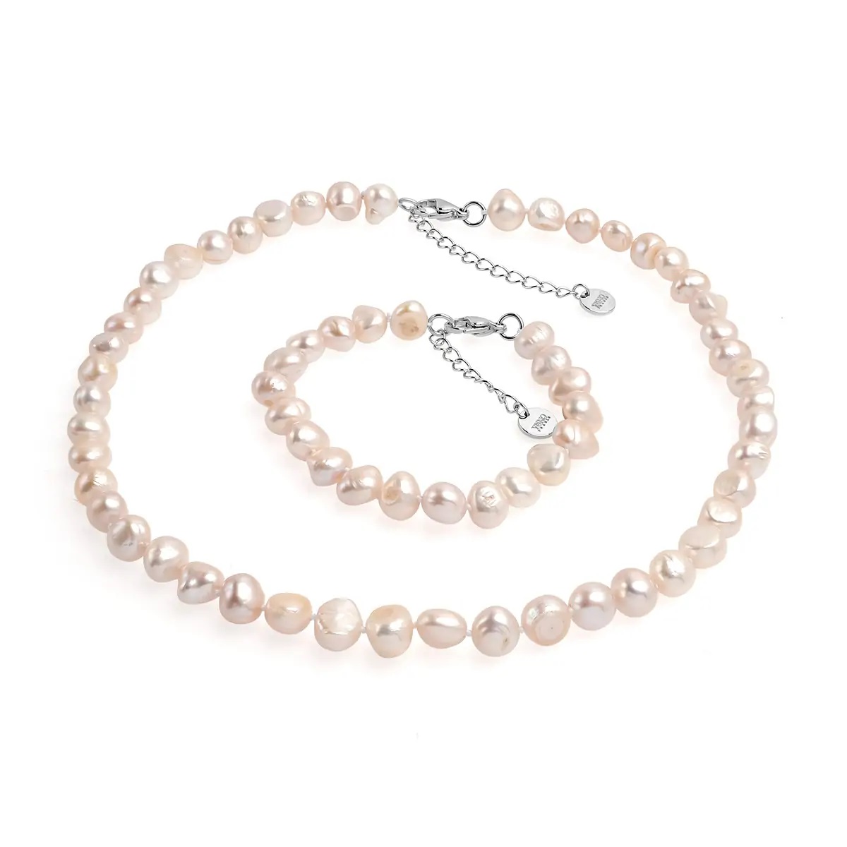 Set șirag și brățară cu perle de cultură albe asimetric aprox. 8-9mm, închizătoare oțel, lungime 43 cm/19cm