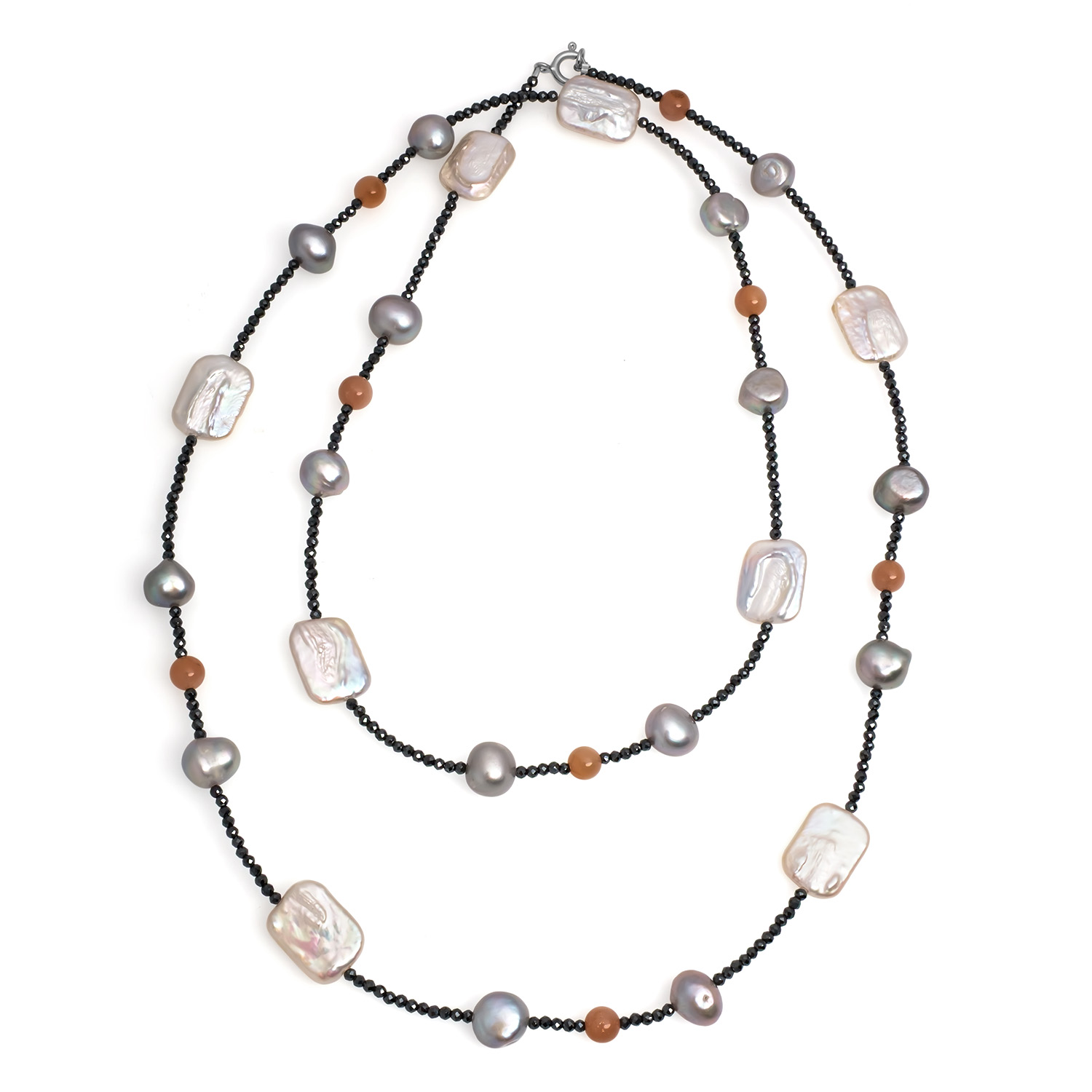 Colier perle sidef de cultură și perle de cultură gri sfere, onix, lungime 94cm.