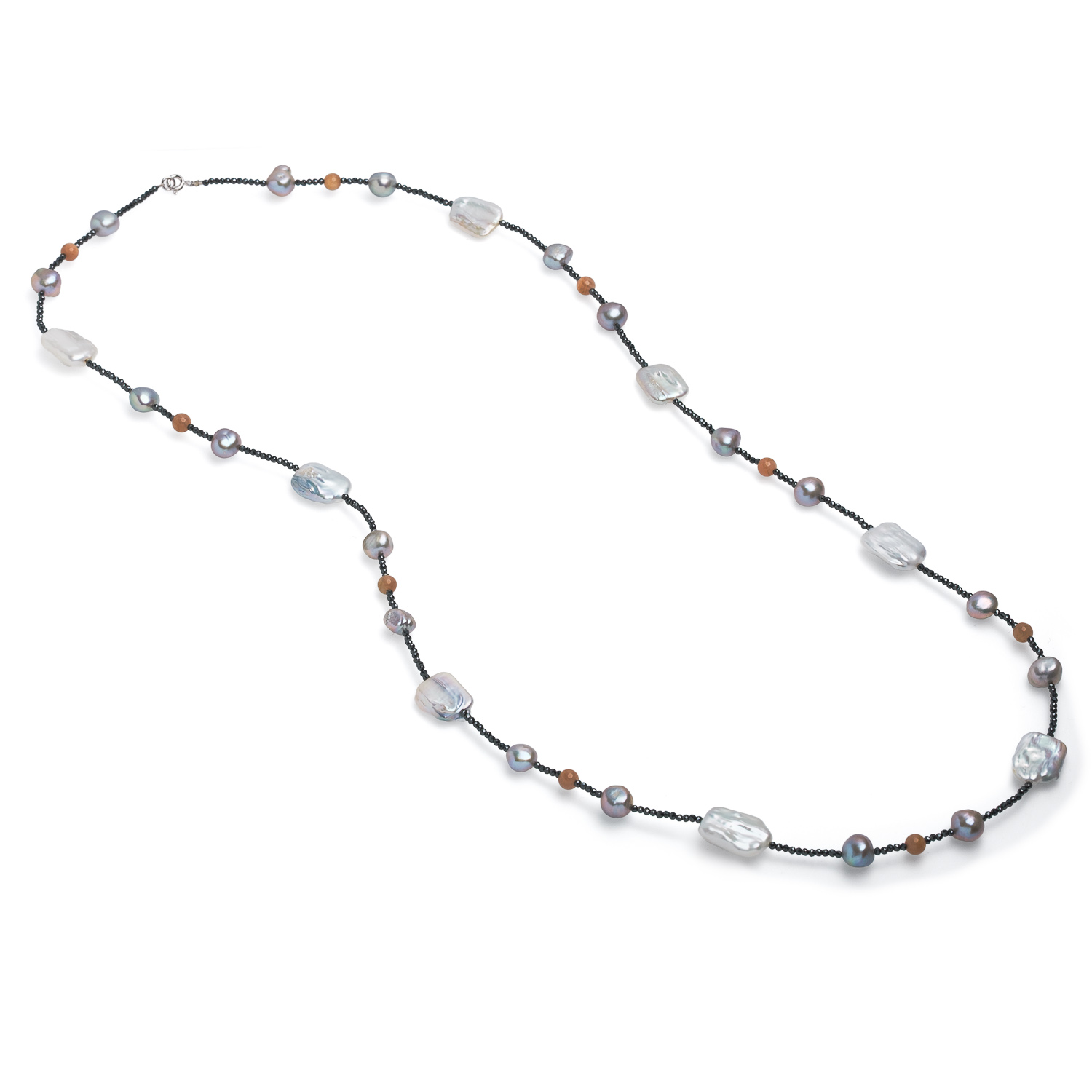 Colier perle sidef de cultură și perle de cultură gri sfere, onix, lungime 94cm.