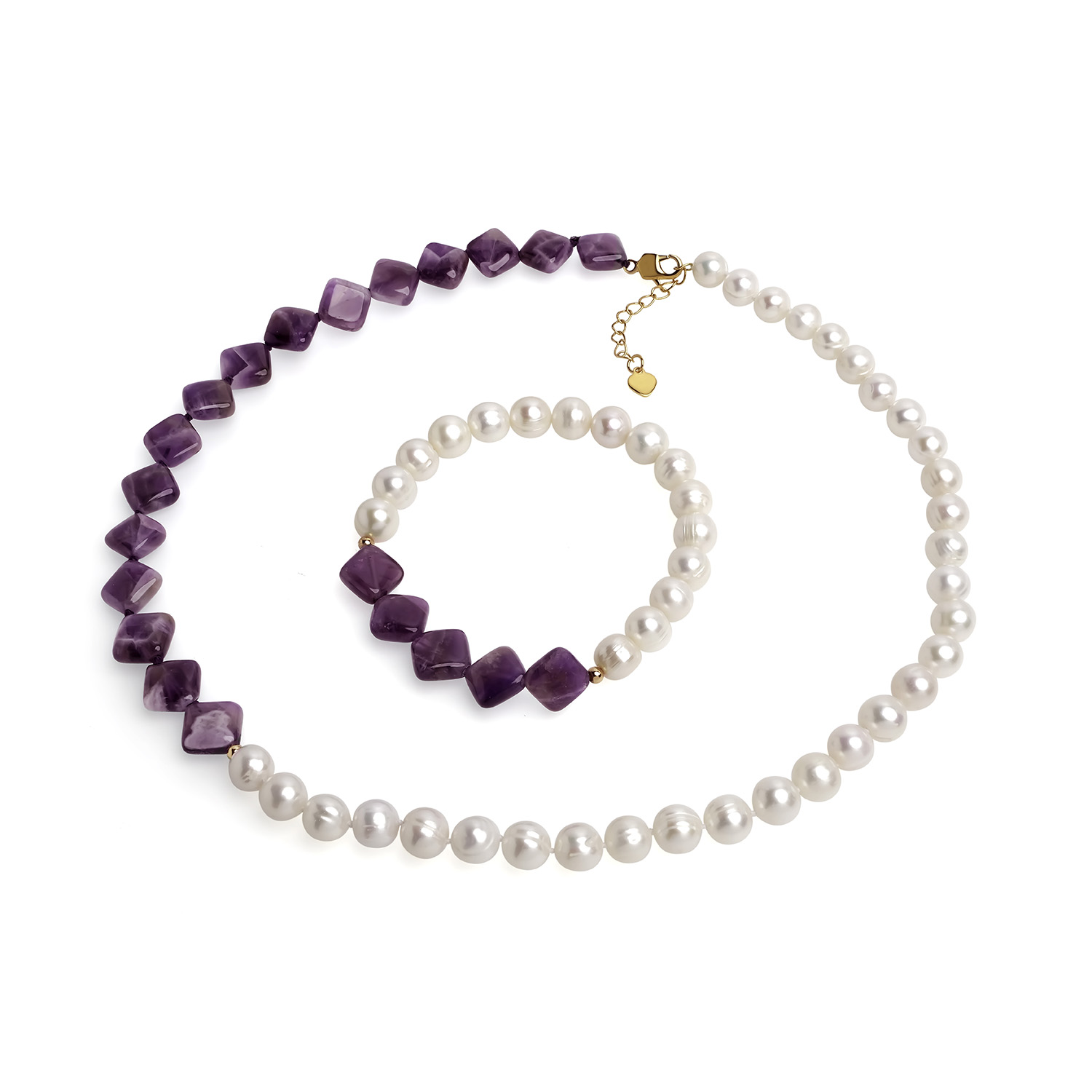 Brăţară perle de cultură albe 8 mm și ametist, lungime 18cm
