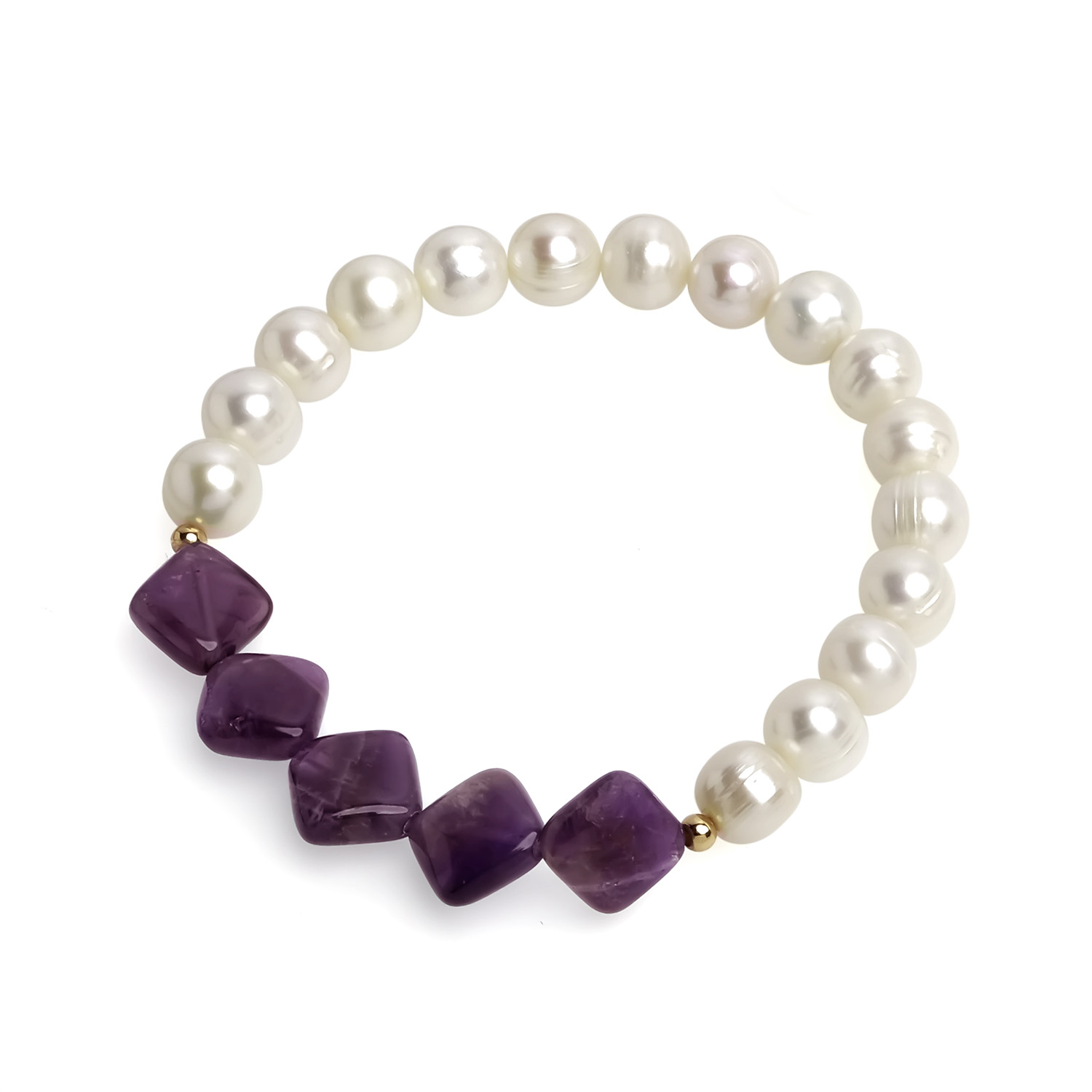 Brăţară perle de cultură albe 8 mm și ametist, lungime 18cm