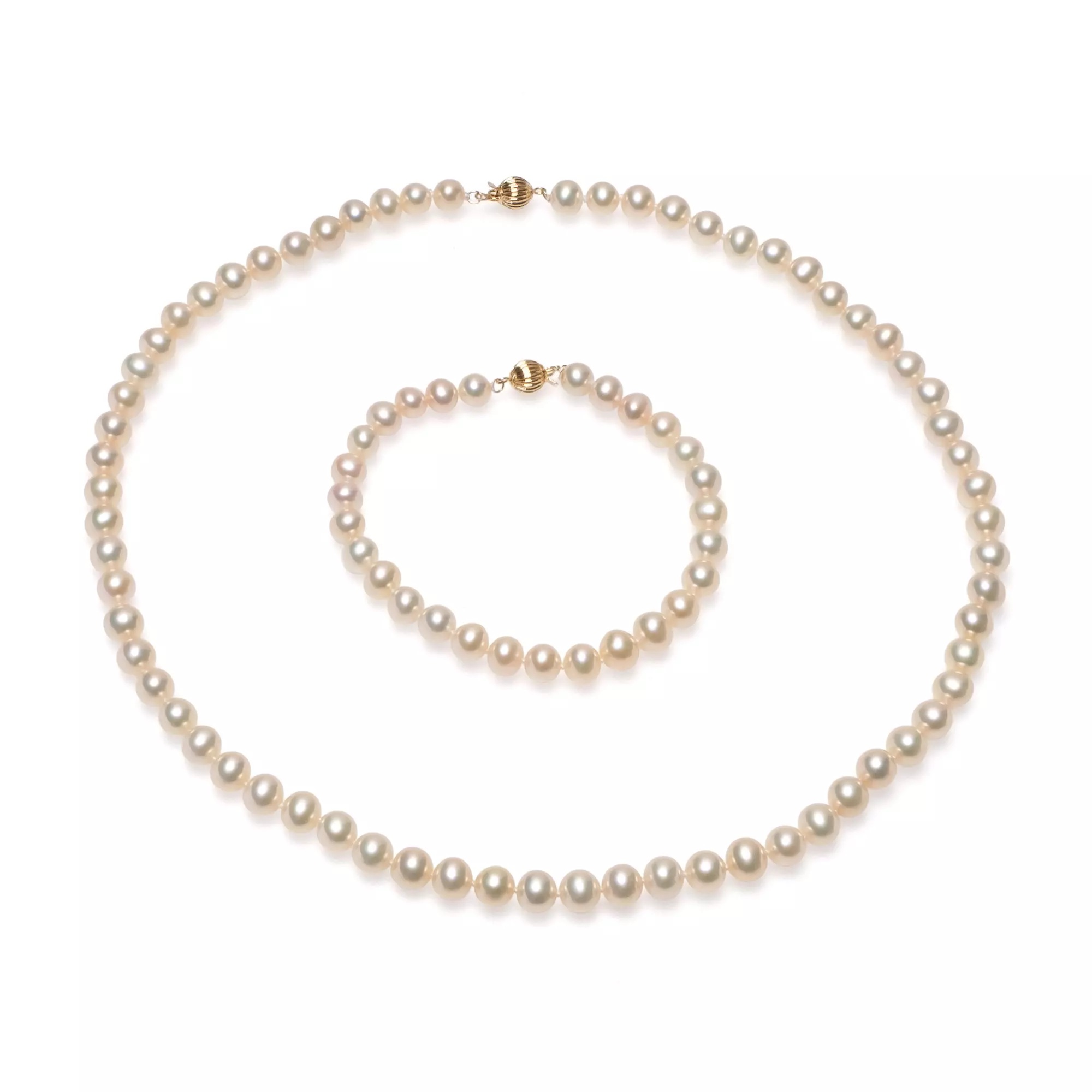 Set șirag și brățară perle de cultură roz 6-7mm, Închizătoare aur de 14K, lungime 43 см / 18cm