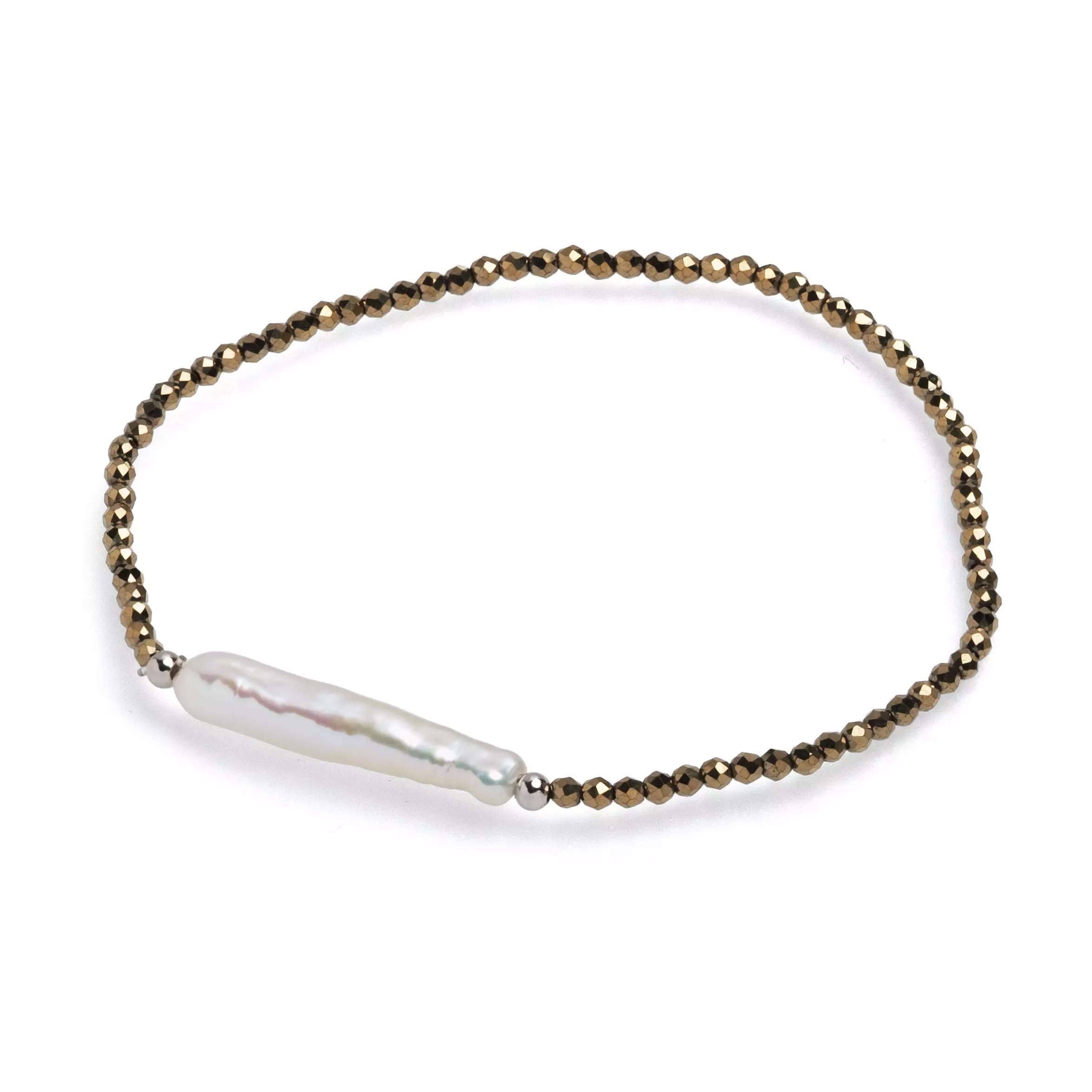 Brăţară perlă de cultură albă și hematit auriu, elastic, lungime 18cm