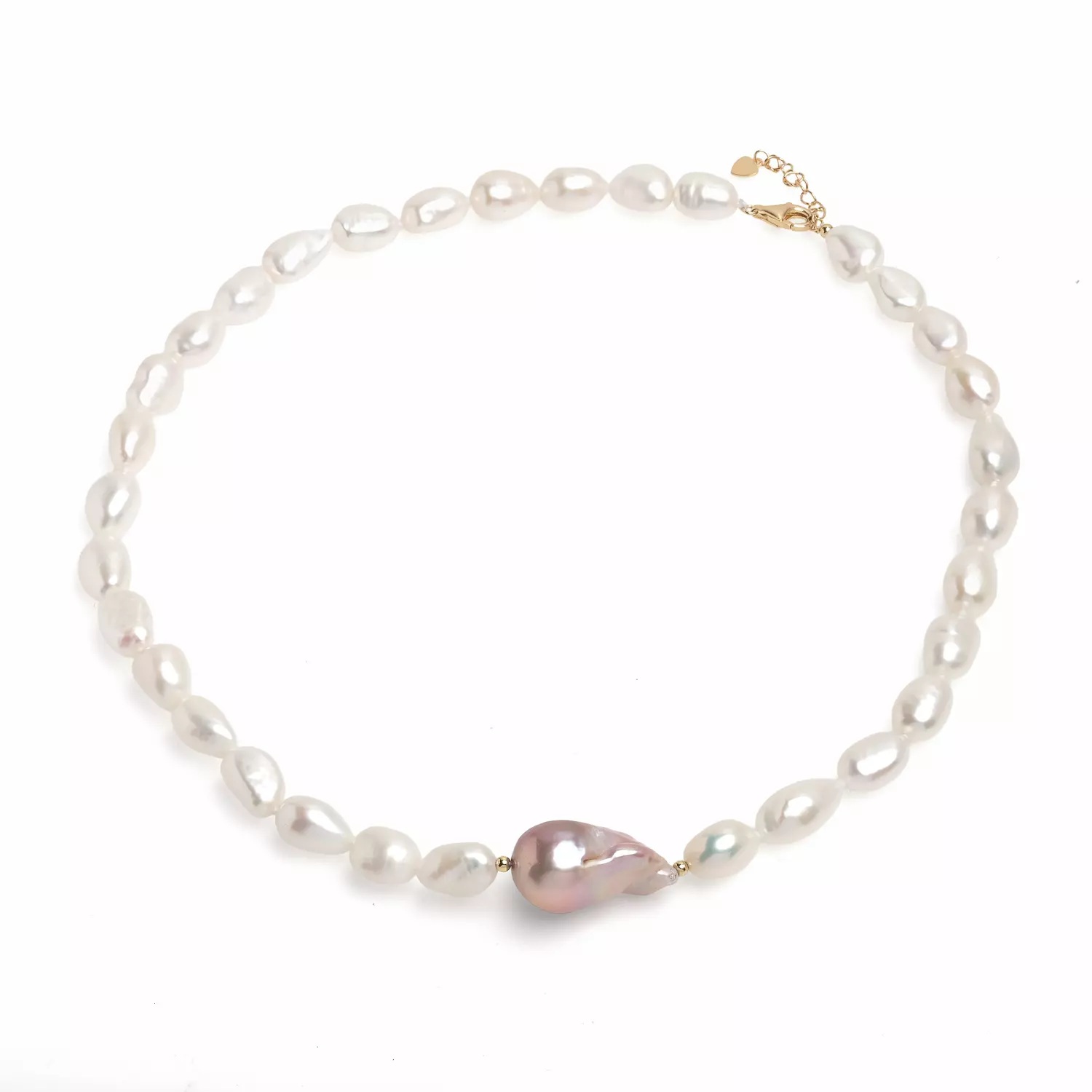 Colier perle de cultura albe 8,5-12mm și o perla baroc, argintiu placat cu aur. Lungime 45cm.