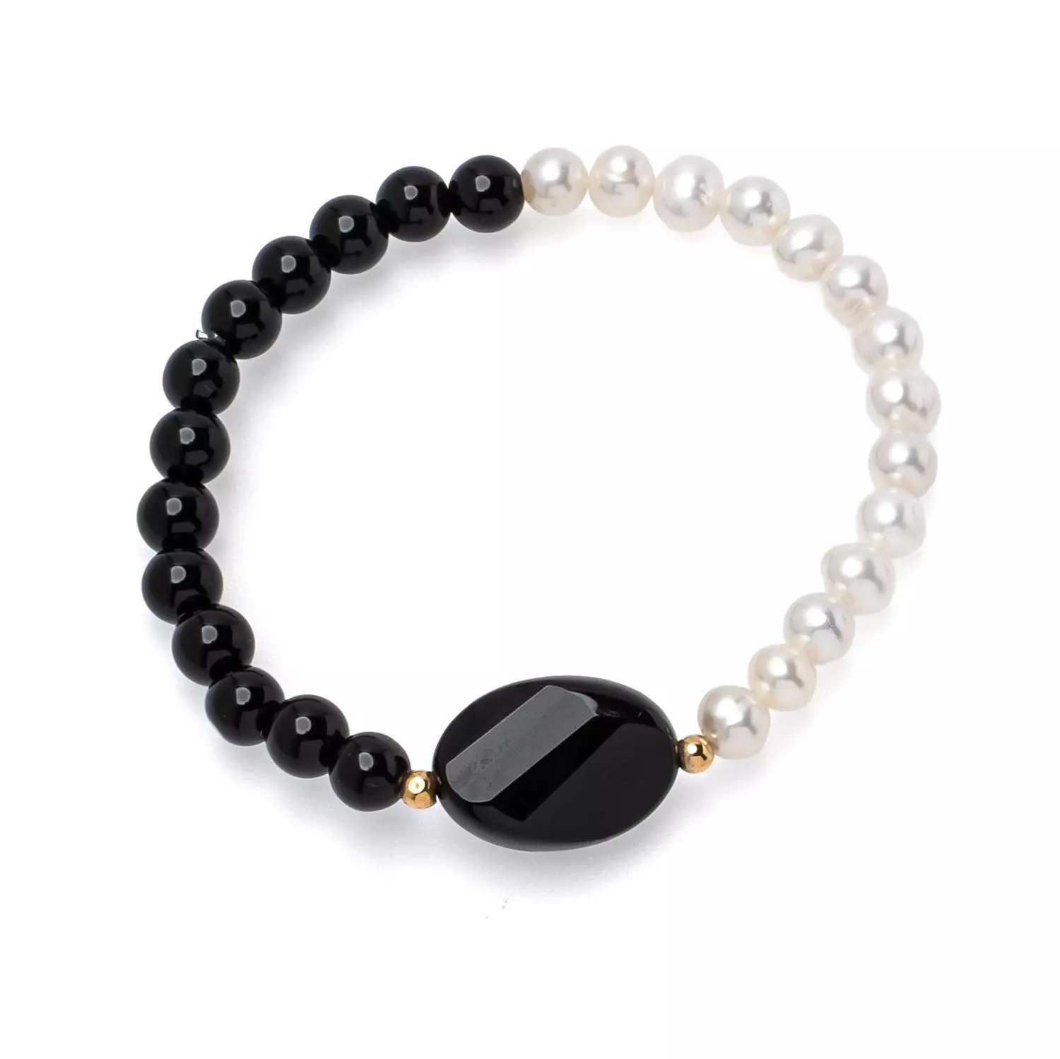 Brățară perlе de cultură, onix negru și elemente aurii, lungime 18 cm