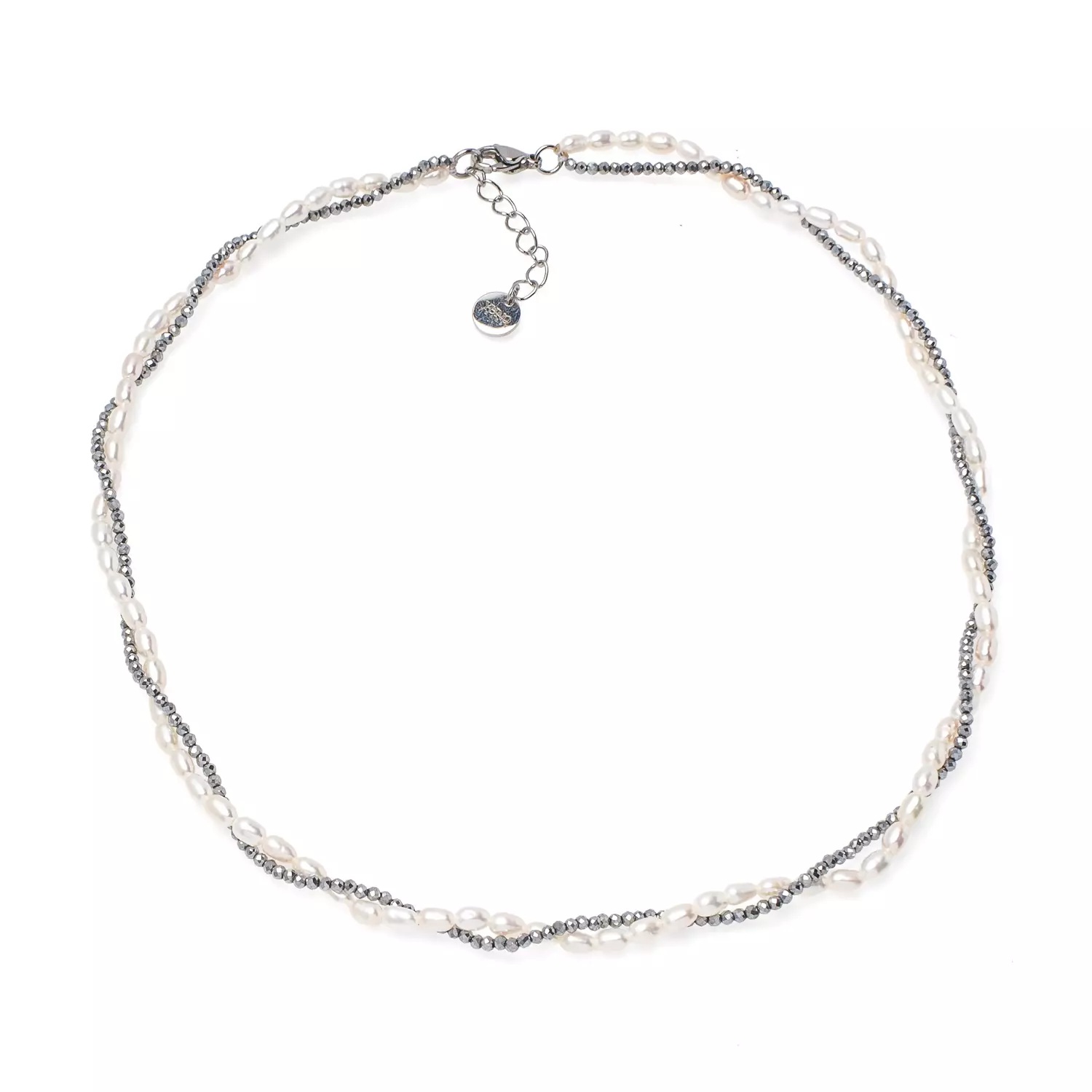 Colier perle de cultură albe 3-3.5 mm și hematit, lungime 45+3 cm