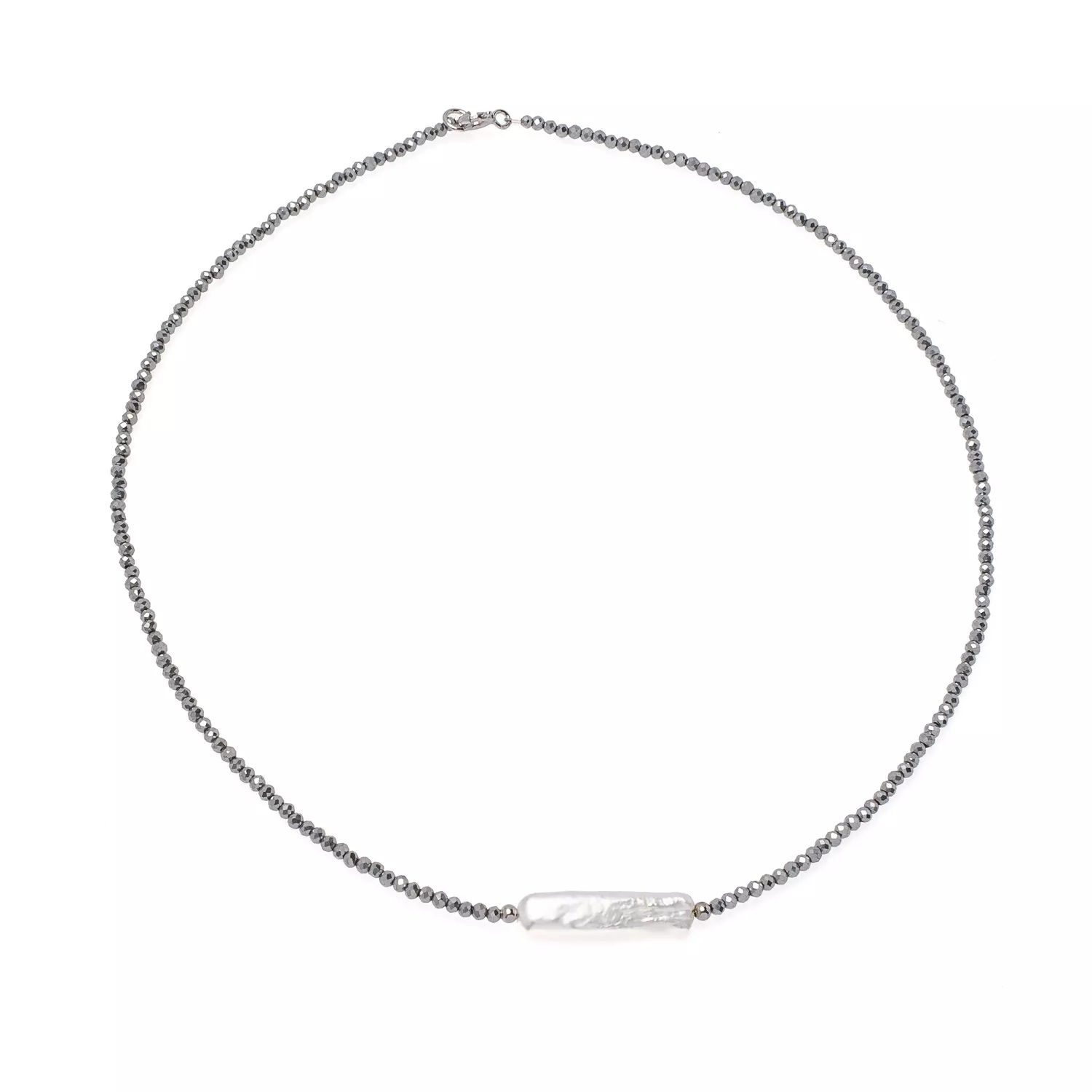 Colier cu perlă de cultură albă și hematit, lungime 41 cm