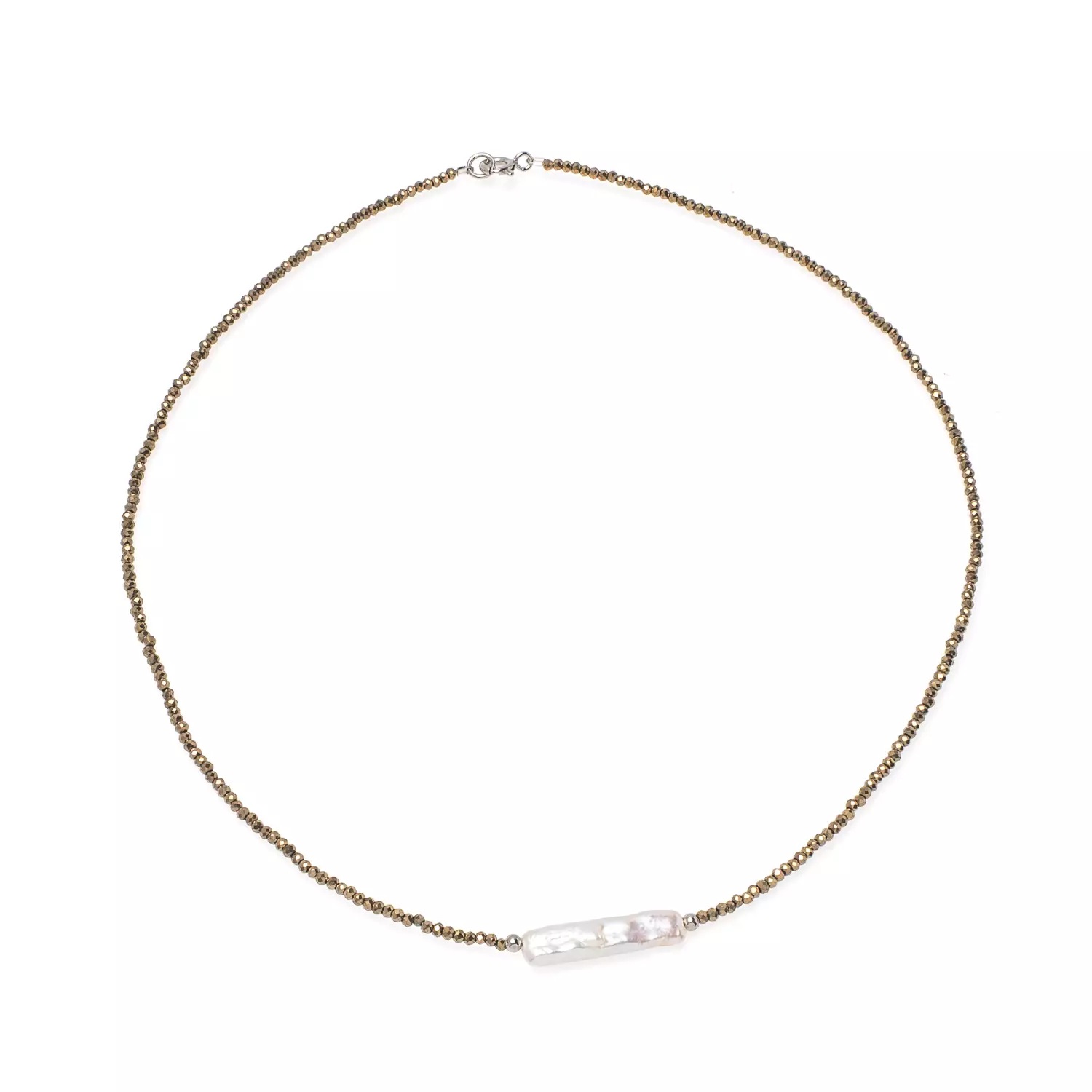 Colier cu perlă de cultură albă și hematit, lungime 41 cm