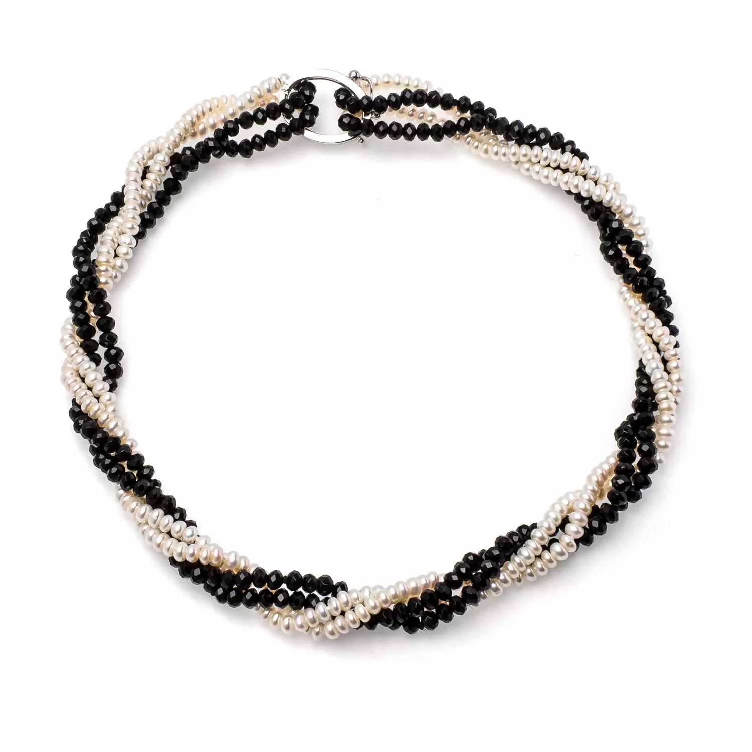 Colier perle de cultură albe 4-4,5 mm și onix, lungime 86 cm